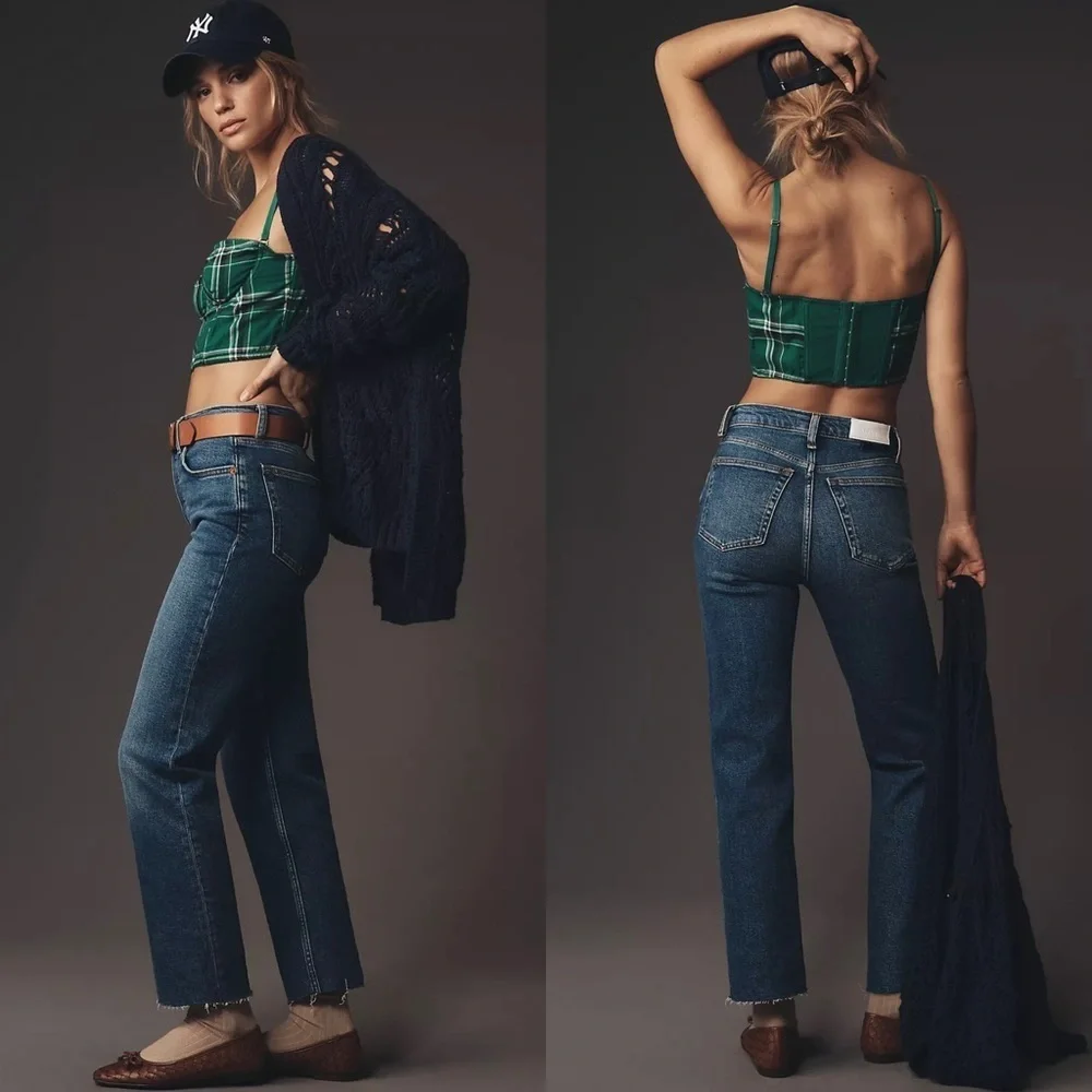 NWT RE/DONE 90s High Rise Button Fly Straight Leg Ankle Crop‎ Raw Hem Jeans 25